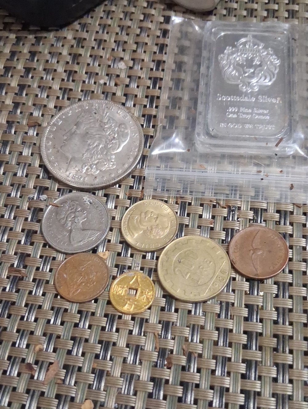 Mixed World Coins and Silver Bar Plate Metal- Assorted Metallic Tones